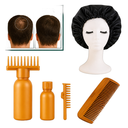 Premium Silk Hair Care Bundle – Bonnet, Scrunchie, Wooden Comb & Oil Bottle